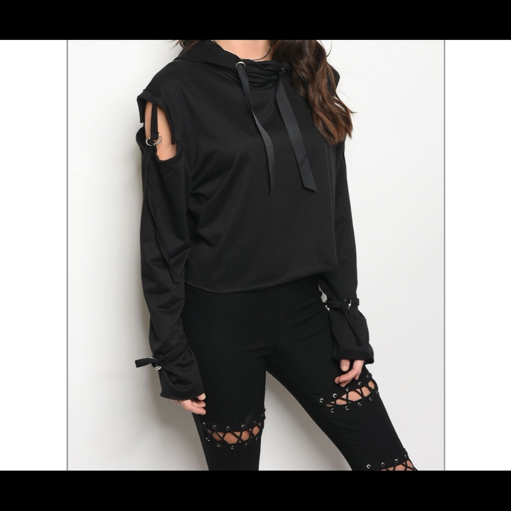 Long sleeve lightweight hooded top w strap details - Picture 2 of 3